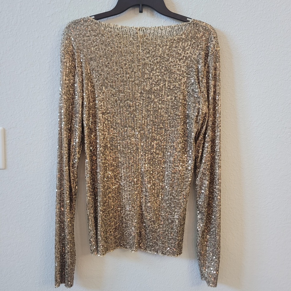 Intimately Free People Size Medium Sequin Top Women Gold Long Sleeve Mesh Glam - Picture 5 of 9